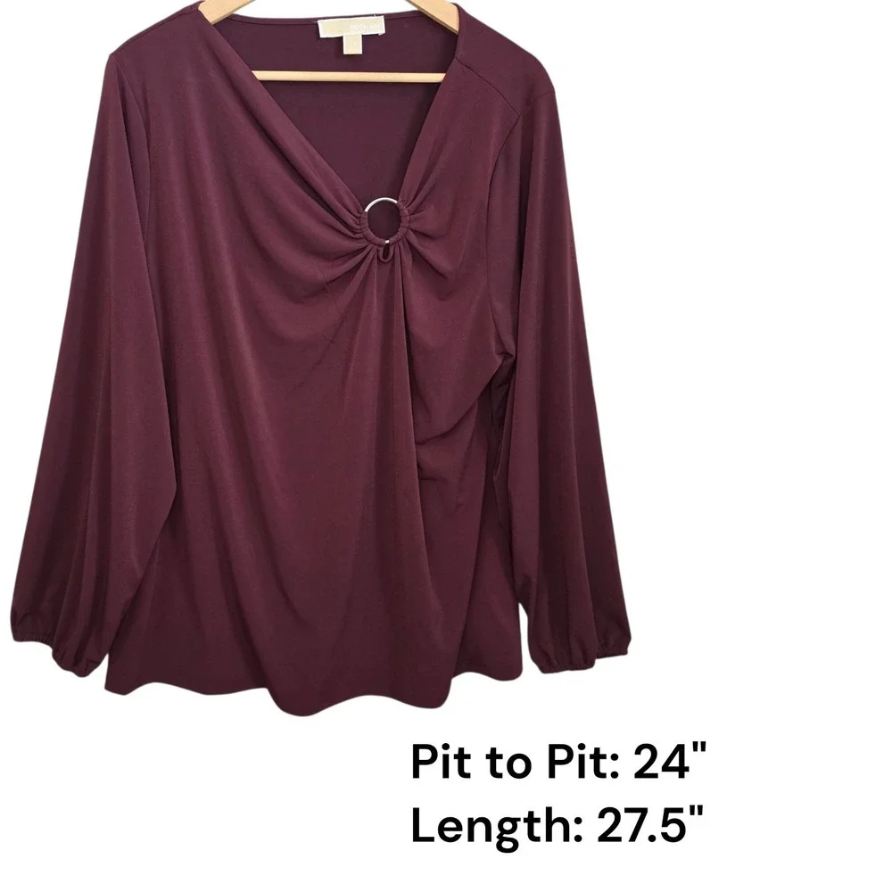 Michael Kors Top Womens 2X Burgundy Wine O Ring Draped V Neck Long Sleeve Blouse